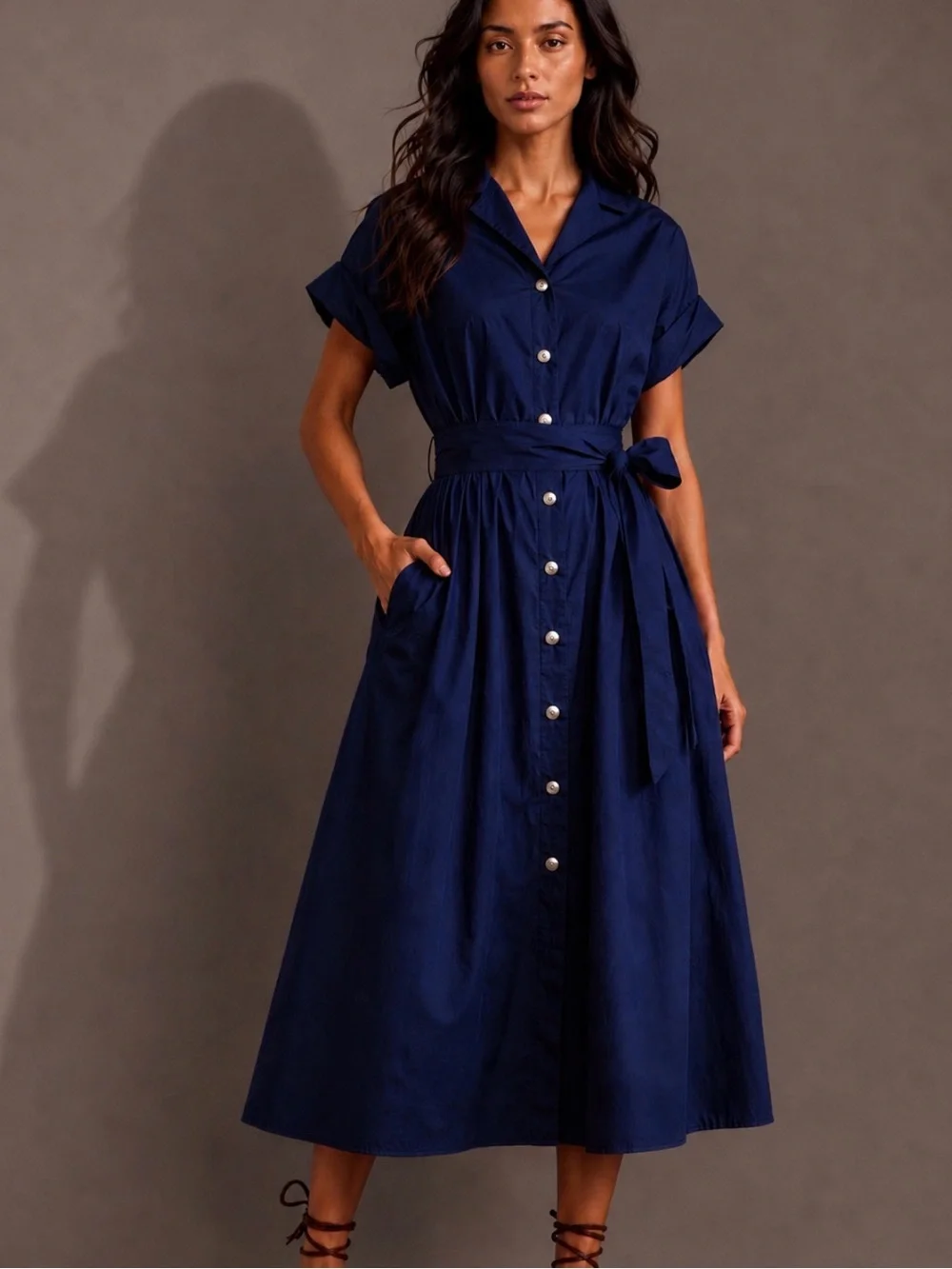 Anthropologie EN SAISON Avery Navy Belted Button Front Midi Dress XS - Picture 5 of 10